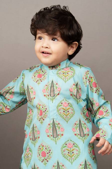 LITTLE BRATS_Blue Crepe, Silk Floral Print Kurta And Dhoti Pant Set _Online_at_Aza_Fashions