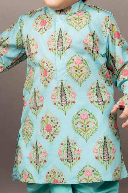 Buy_LITTLE BRATS_Blue Crepe, Silk Floral Print Kurta And Dhoti Pant Set _Online_at_Aza_Fashions