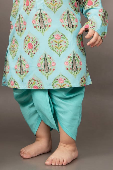 Shop_LITTLE BRATS_Blue Crepe, Silk Floral Print Kurta And Dhoti Pant Set _Online_at_Aza_Fashions