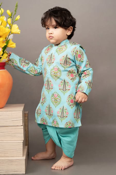 LITTLE BRATS_Blue Crepe, Silk Floral Print Kurta And Dhoti Pant Set _at_Aza_Fashions
