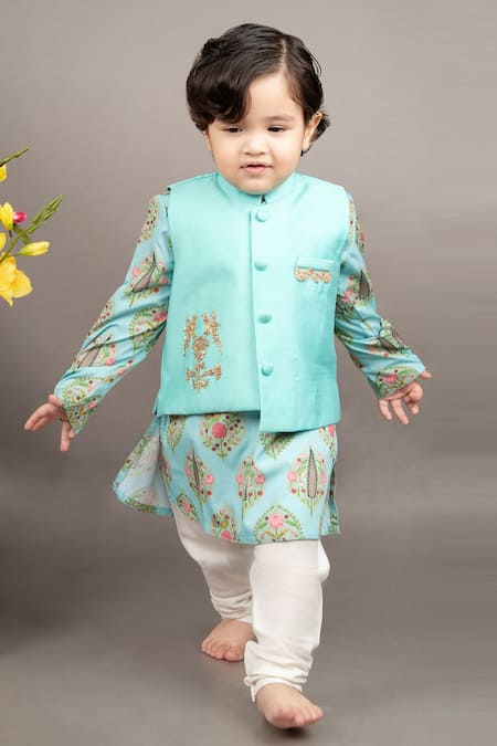Little Brats Floral Print Bundi Jacket & Kurta Set 