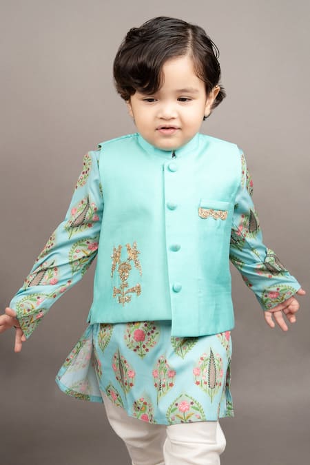 Little Brats_Aqua Cotton, Silk Embroidery Floral Print Bundi Jacket And Kurta Set _Online_at_Aza_Fashions