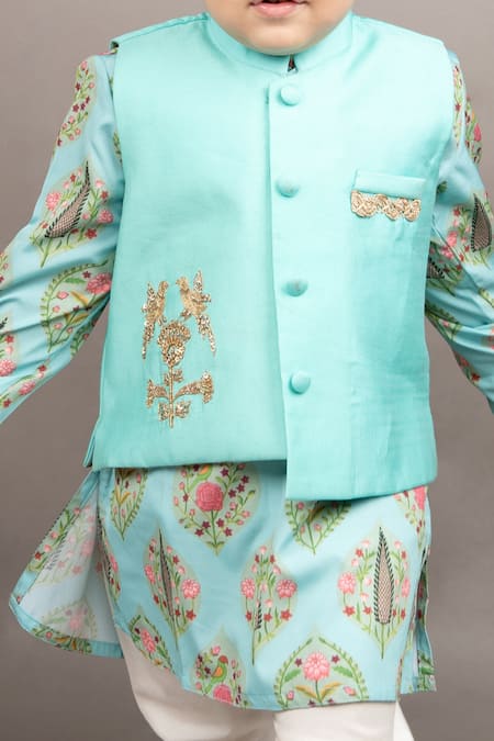 Buy_Little Brats_Aqua Cotton, Silk Embroidery Floral Print Bundi Jacket And Kurta Set _Online_at_Aza_Fashions