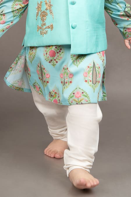 Shop_Little Brats_Aqua Cotton, Silk Embroidery Floral Print Bundi Jacket And Kurta Set _Online_at_Aza_Fashions