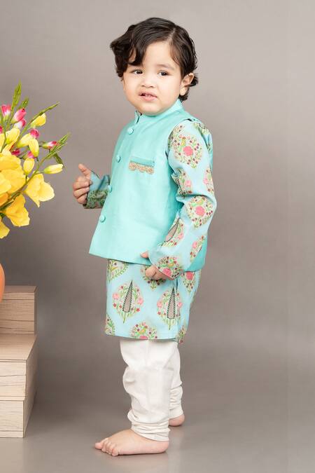 Little Brats_Aqua Cotton, Silk Embroidery Floral Print Bundi Jacket And Kurta Set _at_Aza_Fashions