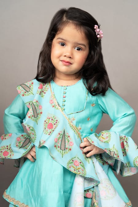 Buy_Little Brats_Blue Crepe, Silk Embroidery, Zari Floral Print Kurta Sharara Set _Online_at_Aza_Fashions