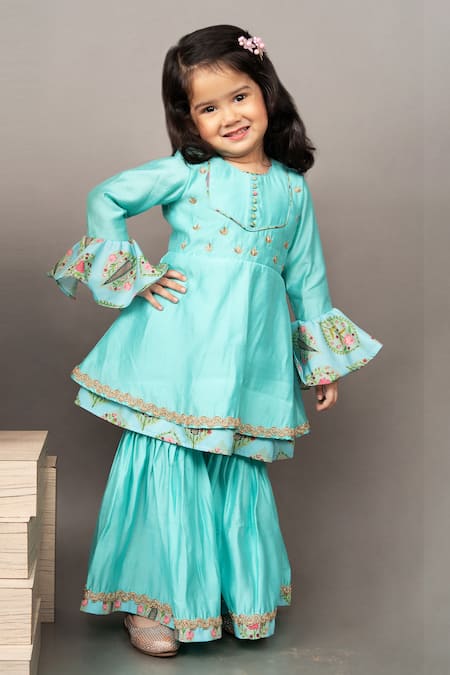 Little Brats_Blue Crepe, Silk Embroidery, Zari Floral Print Kurta Sharara Set _at_Aza_Fashions