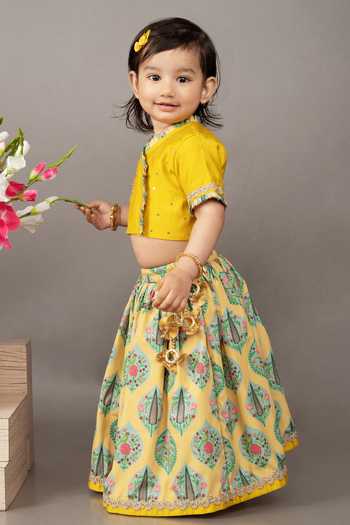 Little Brats_Yellow Crepe, Cotton, Silk Embroidery Floral Pattern Blouse And Ghagra Set _Online_at_Aza_Fashions