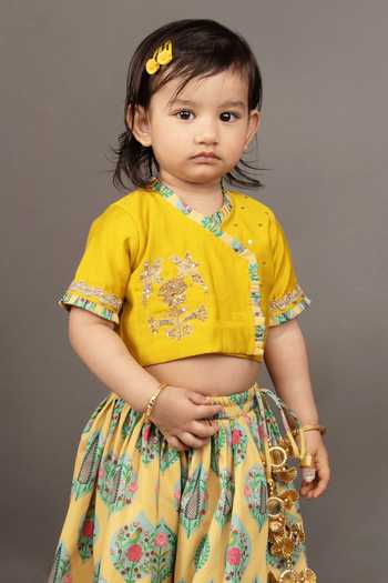 Buy_Little Brats_Yellow Crepe, Cotton, Silk Embroidery Floral Pattern Blouse And Ghagra Set _Online_at_Aza_Fashions