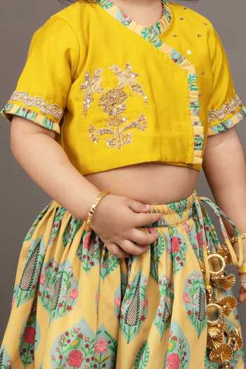Shop_Little Brats_Yellow Crepe, Cotton, Silk Embroidery Floral Pattern Blouse And Ghagra Set _Online_at_Aza_Fashions
