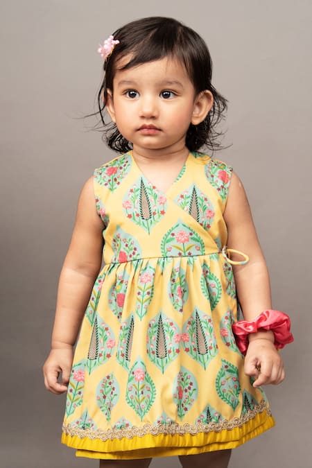 Little Brats Yellow Crepe, Cotton Embroidery Floral Pattern Overlap Dress Online at Aza Fashions Little Brats_Yellow Crepe, Cotton Embroidery Floral Pattern Overlap Dress _Online_at_Aza_Fashions