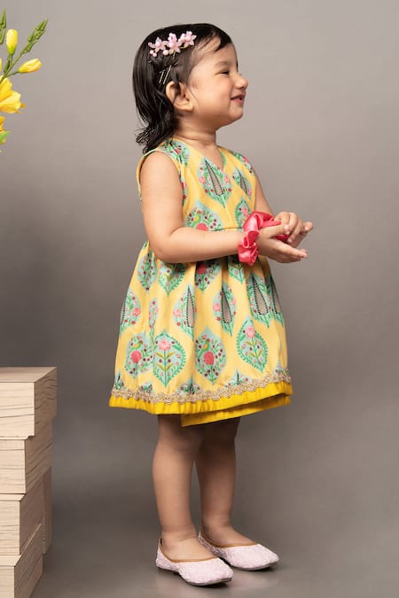 Shop Little Brats Yellow Crepe, Cotton Embroidery Floral Pattern Overlap Dress Online at Aza Fashions Shop_Little Brats_Yellow Crepe, Cotton Embroidery Floral Pattern Overlap Dress _Online_at_Aza_Fashions