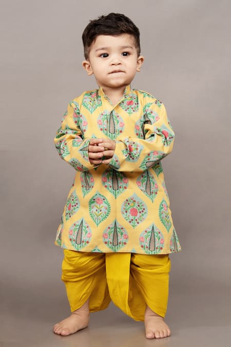 Little Brats Yellow Roman Silk Printed Floral Pattern Kurta And Dhoti Pant Set 