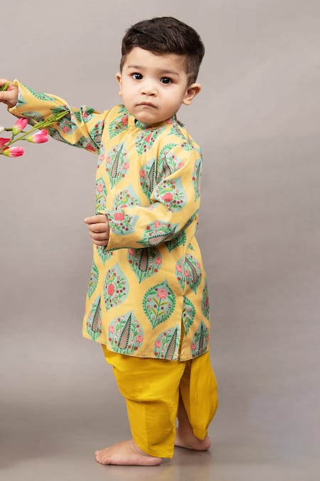 Little Brats_Yellow Crepe, Silk Floral Pattern Kurta And Dhoti Pant Set _Online_at_Aza_Fashions