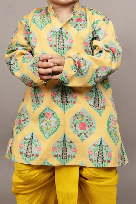 Buy_Little Brats_Yellow Crepe, Silk Floral Pattern Kurta And Dhoti Pant Set _Online_at_Aza_Fashions