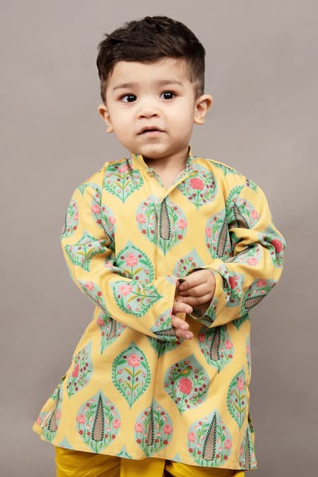 Shop_Little Brats_Yellow Crepe, Silk Floral Pattern Kurta And Dhoti Pant Set _Online_at_Aza_Fashions