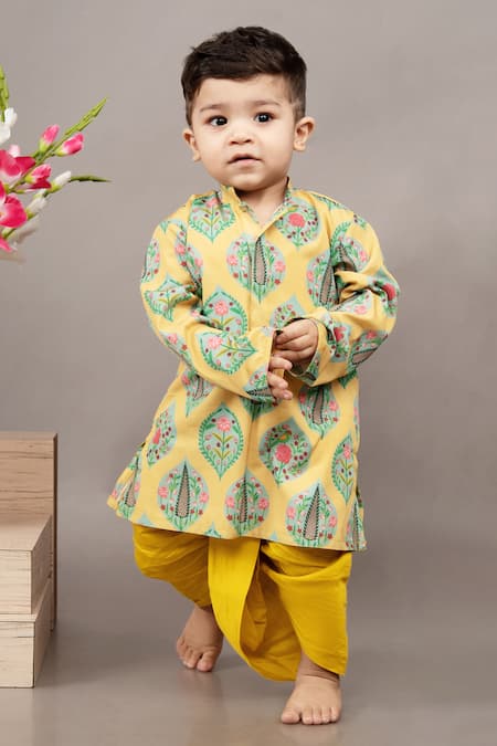 Little Brats_Yellow Crepe, Silk Floral Pattern Kurta And Dhoti Pant Set _at_Aza_Fashions