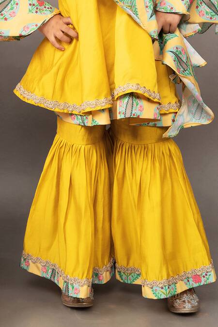 Little Brats_Yellow Crepe, Silk, Cotton Embroidery, Zari Floral Pattern Kurta Sharara Set _Online_at_Aza_Fashions