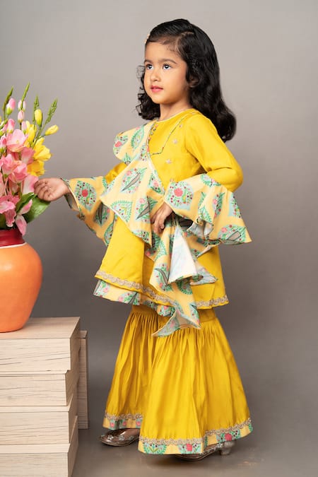 Buy_Little Brats_Yellow Crepe, Silk, Cotton Embroidery, Zari Floral Pattern Kurta Sharara Set _Online_at_Aza_Fashions