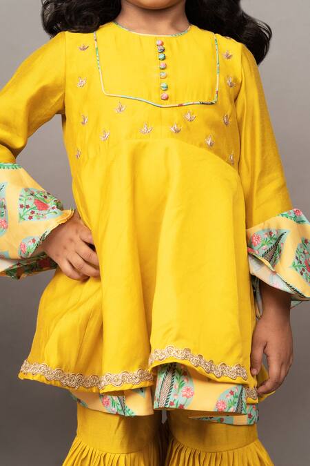Buy_Little Brats_Yellow Crepe, Silk, Cotton Embroidery, Zari Floral Pattern Kurta Sharara Set 