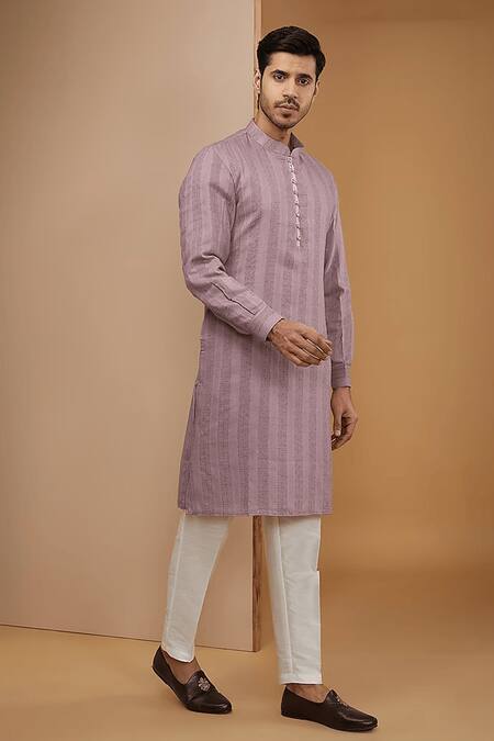 Rng Safawala Purple Cotton, Silk Sequins, Embroidery Stripe Kurta Set