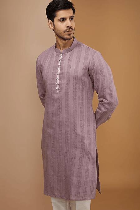 Buy_Rng Safawala_Purple Cotton, Silk Sequins, Embroidery Stripe Kurta Set_Online_at_Aza_Fashions