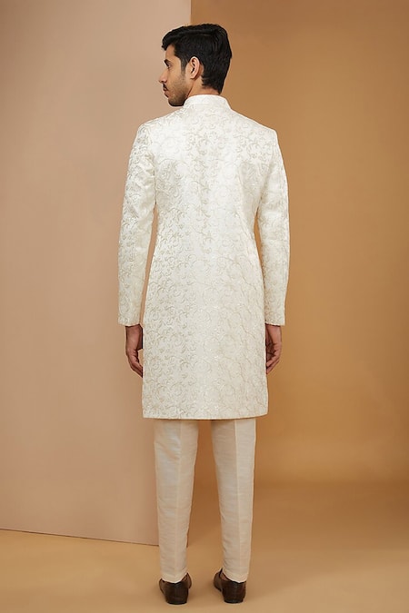 Shop Rng Safawala White Silk Zari Embroidered Achkan Set at Aza Fashions Shop_Rng Safawala_White Silk Zari Embroidered Achkan Set _at_Aza_Fashions