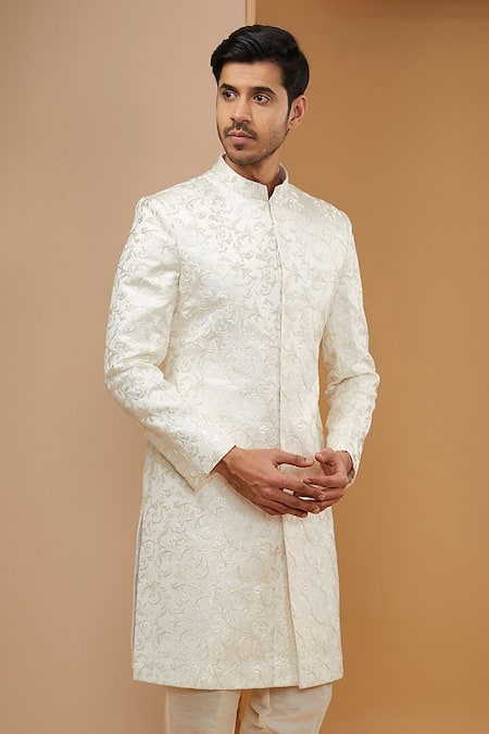 Buy Rng Safawala White Silk Zari Embroidered Achkan Set Online at Aza Fashions Buy_Rng Safawala_White Silk Zari Embroidered Achkan Set _Online_at_Aza_Fashions