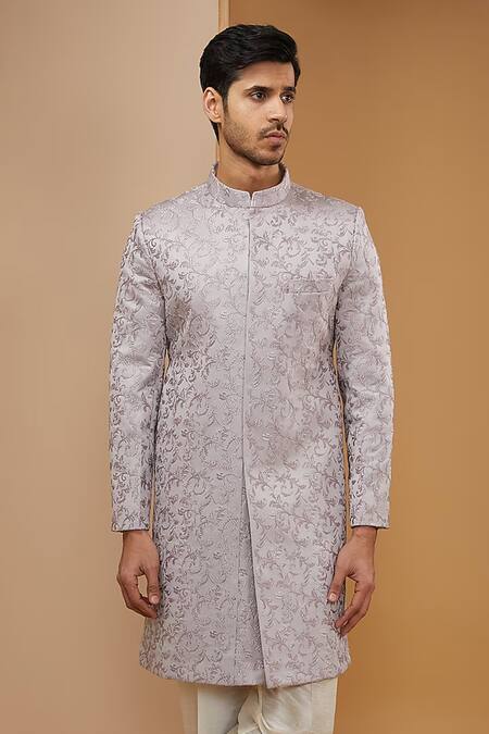 Rng Safawala_Purple Silk Zari, Embroidery Floral Achkan Set_Online_at_Aza_Fashions