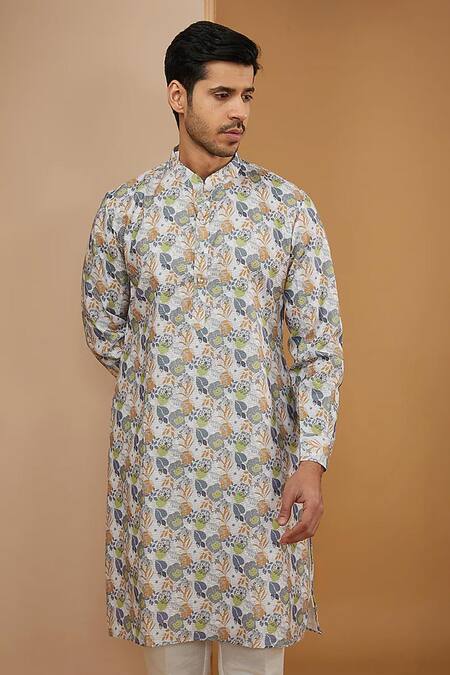 Rng Safawala_White Denim, Cotton Botanical Print Kurta Set _Online_at_Aza_Fashions