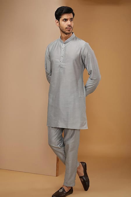 Rng Safawala_Blue Silk, , Satin Sequins, Embroidery Geometric Bundi And Kurta Set _Online_at_Aza_Fashions