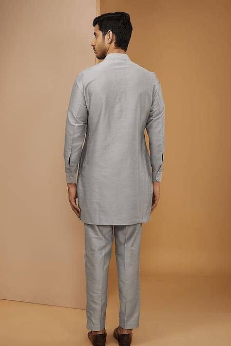 Buy_Rng Safawala_Blue Silk, , Satin Sequins, Embroidery Geometric Bundi And Kurta Set _Online_at_Aza_Fashions