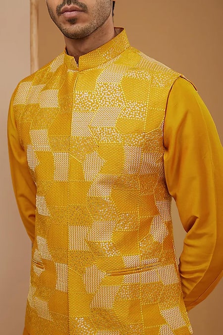 Rng Safawala_Yellow Silk, Cotton Sequins, Embroidery Geometric Thread Work Bundi Set_at_Aza_Fashions
