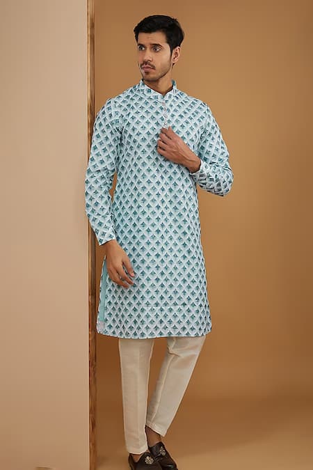 Rng Safawala Blue Cotton, Silk Sequins, Embroidery Ikat Printed Kurta Set