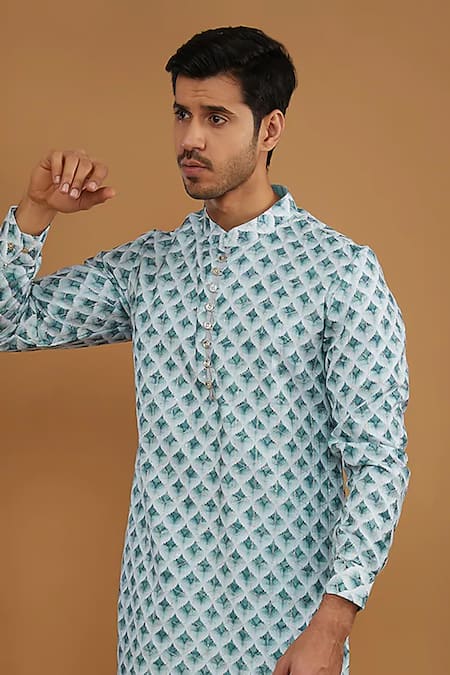 Buy_Rng Safawala_Blue Cotton, Silk Sequins, Embroidery Ikat Printed Kurta Set_Online_at_Aza_Fashions