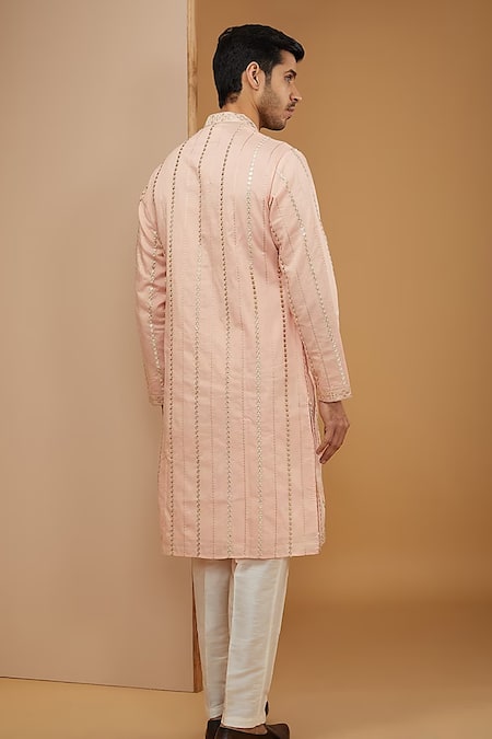 Shop Rng Safawala Peach Cotton, Silk Mirrors Work Kurta Set For Kids at Aza Fashions Shop_Rng Safawala_Peach Cotton, Silk Mirrors Work Kurta Set For Kids_at_Aza_Fashions