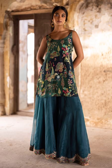 Shop Rajiramniq Green Crepe Embroidery Pitta Round Nadira Short Kurta Sharara Set at Aza Fashions Shop_Rajiramniq_Green Crepe Embroidery Pitta Round Nadira Short Kurta Sharara Set _at_Aza_Fashions