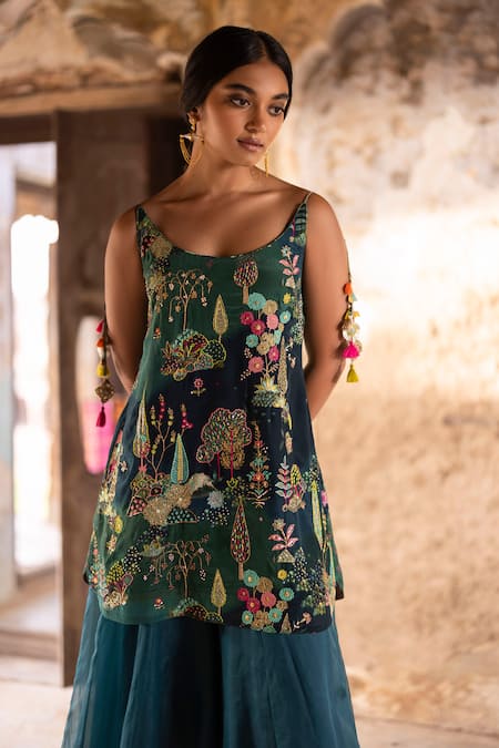 Rajiramniq Green Crepe Embroidery Pitta Round Nadira Short Kurta Sharara Set Online at Aza Fashions Rajiramniq_Green Crepe Embroidery Pitta Round Nadira Short Kurta Sharara Set _Online_at_Aza_Fashions