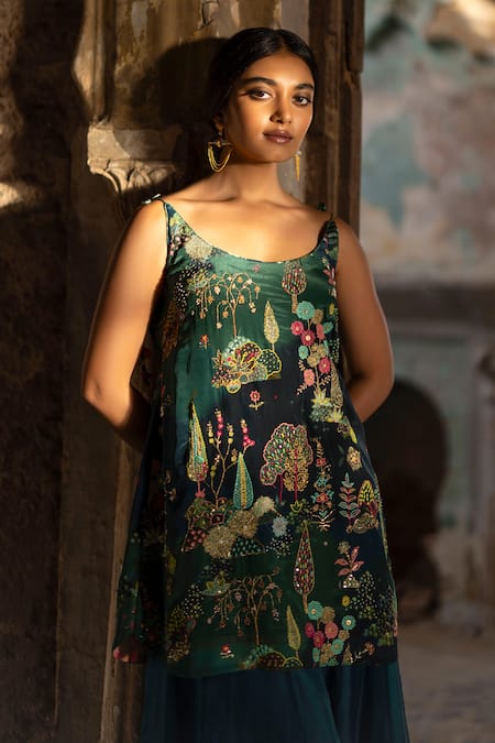 Shop Rajiramniq Green Crepe Embroidery Pitta Round Nadira Short Kurta Sharara Set Online at Aza Fashions Shop_Rajiramniq_Green Crepe Embroidery Pitta Round Nadira Short Kurta Sharara Set _Online_at_Aza_Fashions