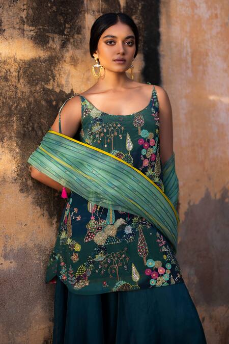 Rajiramniq Green Crepe Embroidery Pitta Round Nadira Short Kurta Sharara Set at Aza Fashions Rajiramniq_Green Crepe Embroidery Pitta Round Nadira Short Kurta Sharara Set _at_Aza_Fashions