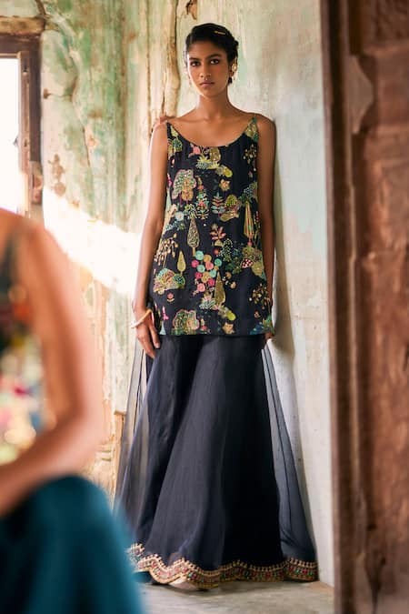 Shop Rajiramniq Black Crepe Embroidery Pitta Round Nadira Floral Short Kurta Sharara Set at Aza Fashions Shop_Rajiramniq_Black Crepe Embroidery Pitta Round Nadira Floral Short Kurta Sharara Set _at_Aza_Fashions