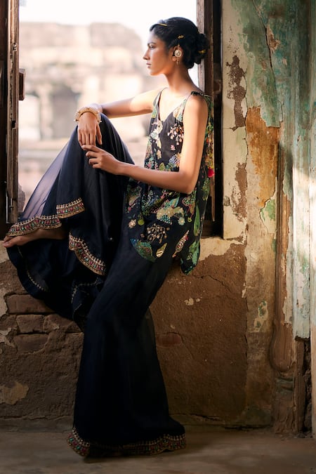 Rajiramniq Nadira Floral Embroidered Short Kurta & Sharara Set