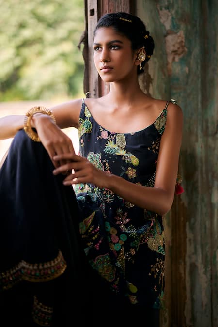 Rajiramniq_Black Crepe Embroidery Pitta Round Nadira Floral Short Kurta And Sharara Set _Online_at_Aza_Fashions