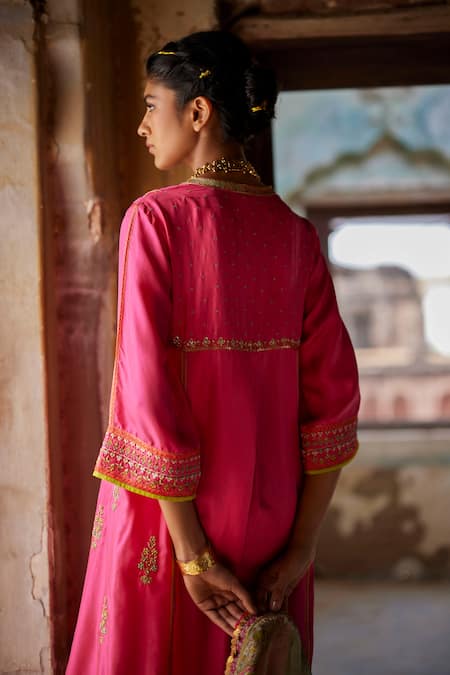Shop_Rajiramniq_Pink Twill Silk Embroidery Dori Nadira Floral Butti Kurta And Palazzo Set _at_Aza_Fashions