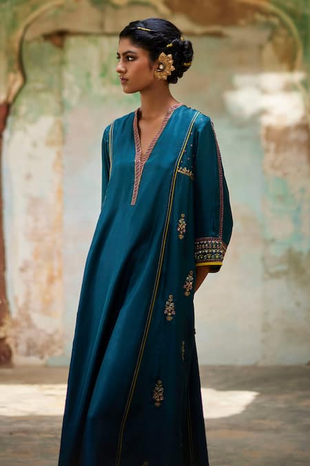 Rajiramniq Blue Twill Silk Embroidery Dori Mandarin Nadira Floral Yoke Kurta And Palazzo Set Online at Aza Fashions Rajiramniq_Blue Twill Silk Embroidery Dori Mandarin Nadira Floral Yoke Kurta And Palazzo Set _Online_at_Aza_Fashions