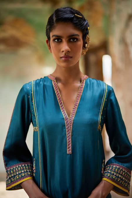Shop Rajiramniq Blue Twill Silk Embroidery Dori Mandarin Nadira Floral Yoke Kurta And Palazzo Set Online at Aza Fashions Shop_Rajiramniq_Blue Twill Silk Embroidery Dori Mandarin Nadira Floral Yoke Kurta And Palazzo Set _Online_at_Aza_Fashions