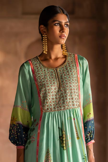 Rajiramniq Blue Silk Printed Floral Round Nadira Botanical Anarkali Palazzo Set Online at Aza Fashions Rajiramniq_Blue Silk Printed Floral Round Nadira Botanical Anarkali Palazzo Set _Online_at_Aza_Fashions