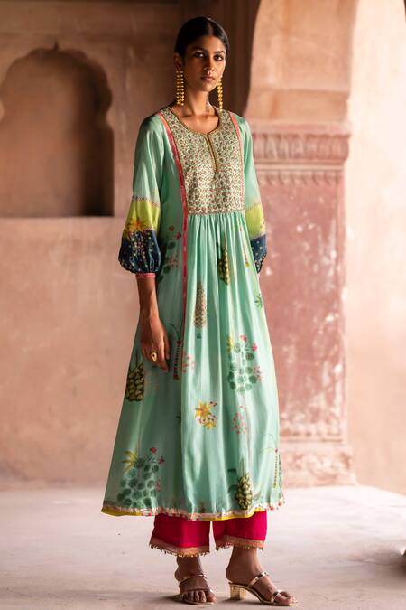 Shop Rajiramniq Blue Silk Printed Floral Round Nadira Botanical Anarkali Palazzo Set Online at Aza Fashions Shop_Rajiramniq_Blue Silk Printed Floral Round Nadira Botanical Anarkali Palazzo Set _Online_at_Aza_Fashions