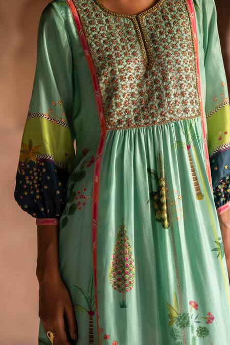 Rajiramniq Blue Silk Printed Floral Round Nadira Botanical Anarkali Palazzo Set at Aza Fashions Rajiramniq_Blue Silk Printed Floral Round Nadira Botanical Anarkali Palazzo Set _at_Aza_Fashions