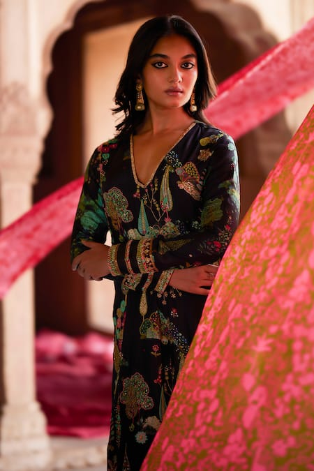Shop_Rajiramniq_Black Crepe, Modal Embroidery V-neck Nadira Nature Print Kurta And Palazzo Set _Online_at_Aza_Fashions
